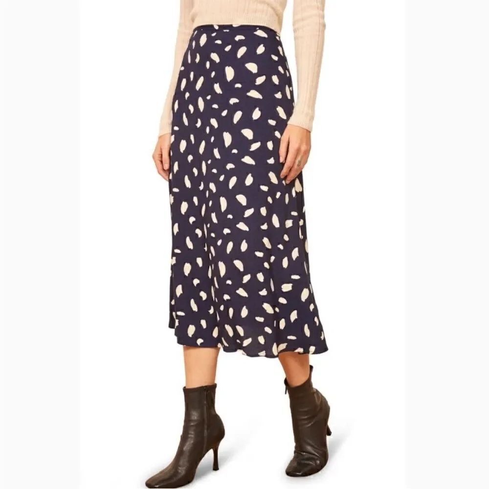 Reformation Bea Paint Splatter Spot Navy Blue MIDI Skirt